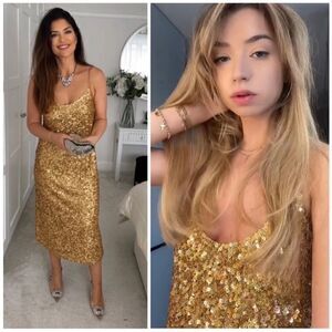 ZARA SEQUIN KNIT SLIP DRESS GOLDEN
